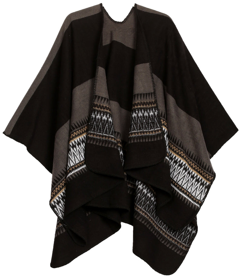 Sakkas Mari Women's Reversible Large Poncho Shawl Wrap Scarf Cape Ruana Blanket