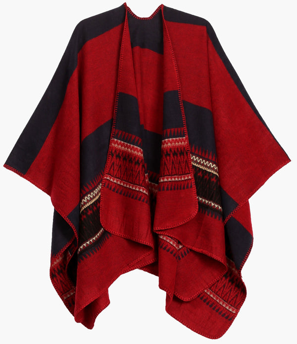 Sakkas Mari Women's Reversible Large Poncho Shawl Wrap Scarf Cape Ruana Blanket#color_NavyRed