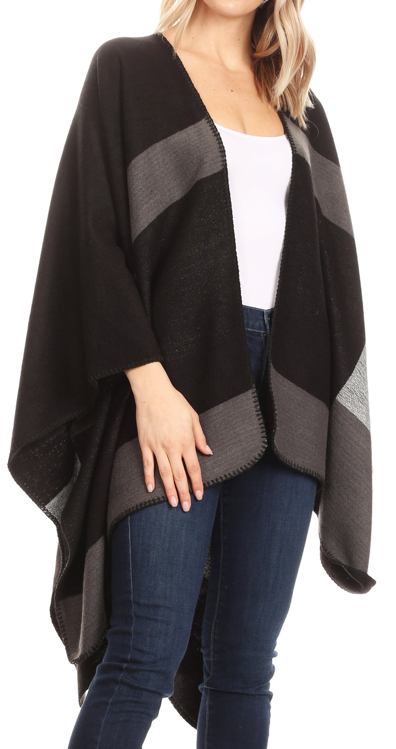 Sakkas Mari Women's Reversible Large Poncho Shawl Wrap Scarf Cape Ruana Blanket