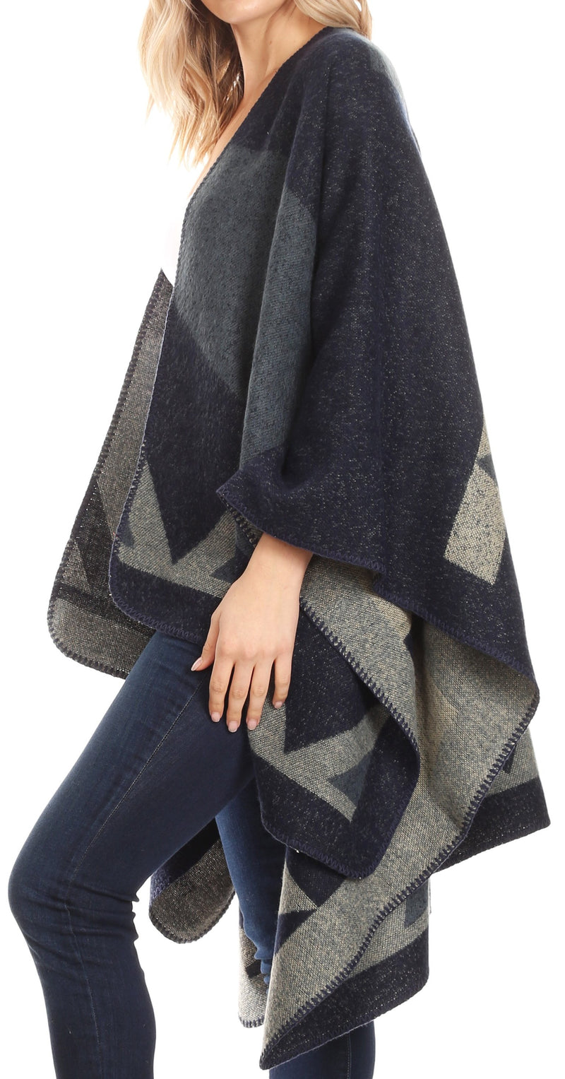 Sakkas Mari Women's Reversible Large Poncho Shawl Wrap Scarf Cape Ruana Blanket