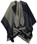 Sakkas Mari Women's Reversible Large Poncho Shawl Wrap Scarf Cape Ruana Blanket#color_TetrisGreyBlack