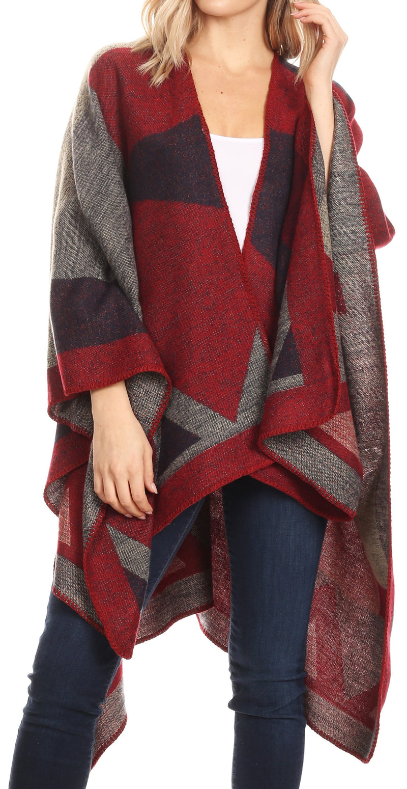 Sakkas Mari Women's Reversible Large Poncho Shawl Wrap Scarf Cape Ruana Blanket