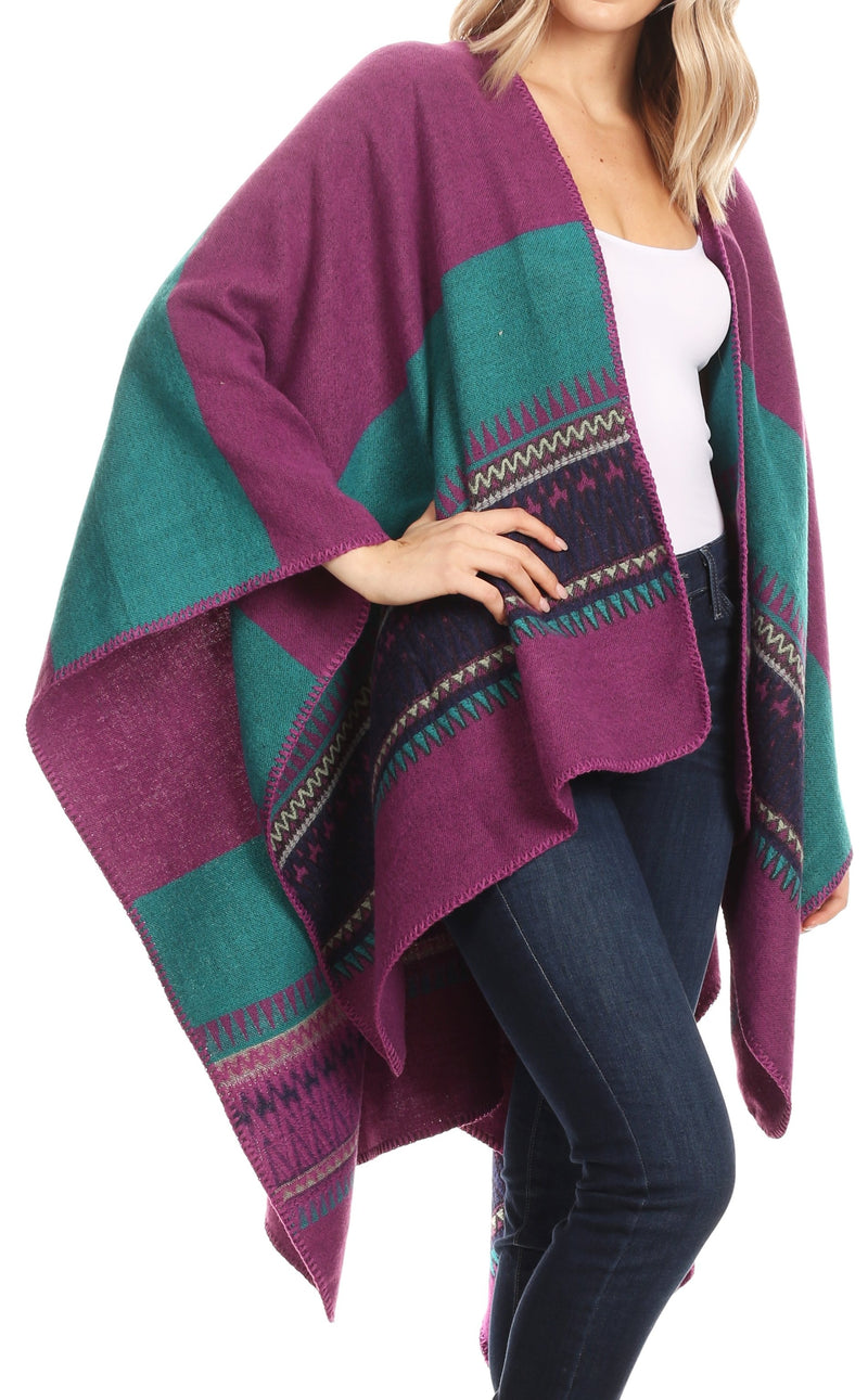 Sakkas Mari Women's Reversible Large Poncho Shawl Wrap Scarf Cape Ruana Blanket