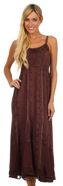 Sakkas Stonewashed Empire Waist Floral Vine Trumpet Crepe Inlay Ruffle Hem Dress