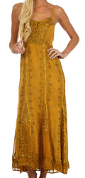 Sakkas Stonewashed Empire Waist Floral Vine Trumpet Crepe Inlay Ruffle Hem Dress#color_Copper