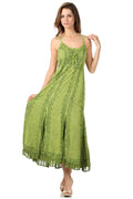 Sakkas Stonewashed Empire Waist Floral Vine Trumpet Crepe Inlay Ruffle Hem Dress#color_Green