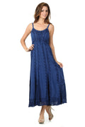 Sakkas Stonewashed Empire Waist Floral Vine Trumpet Crepe Inlay Ruffle Hem Dress#color_Navy
