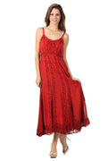 Sakkas Stonewashed Empire Waist Floral Vine Trumpet Crepe Inlay Ruffle Hem Dress#color_Red