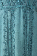 Sakkas Stonewashed Empire Waist Floral Vine Trumpet Crepe Inlay Ruffle Hem Dress