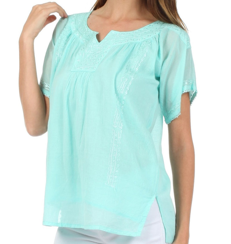 Sakkas Embroidered 100% Cotton Semi-Sheer Short Sleeve Gauzy Top / Blouse