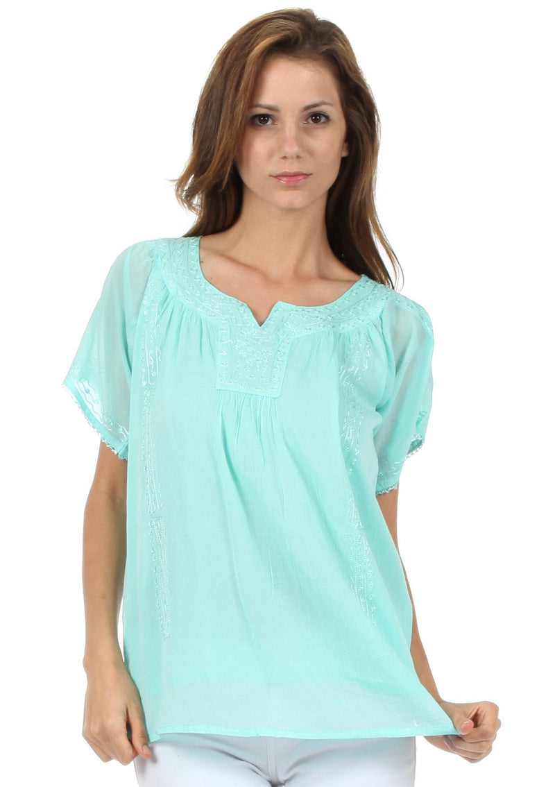 Sakkas Embroidered 100% Cotton Semi-Sheer Short Sleeve Gauzy Top / Blouse