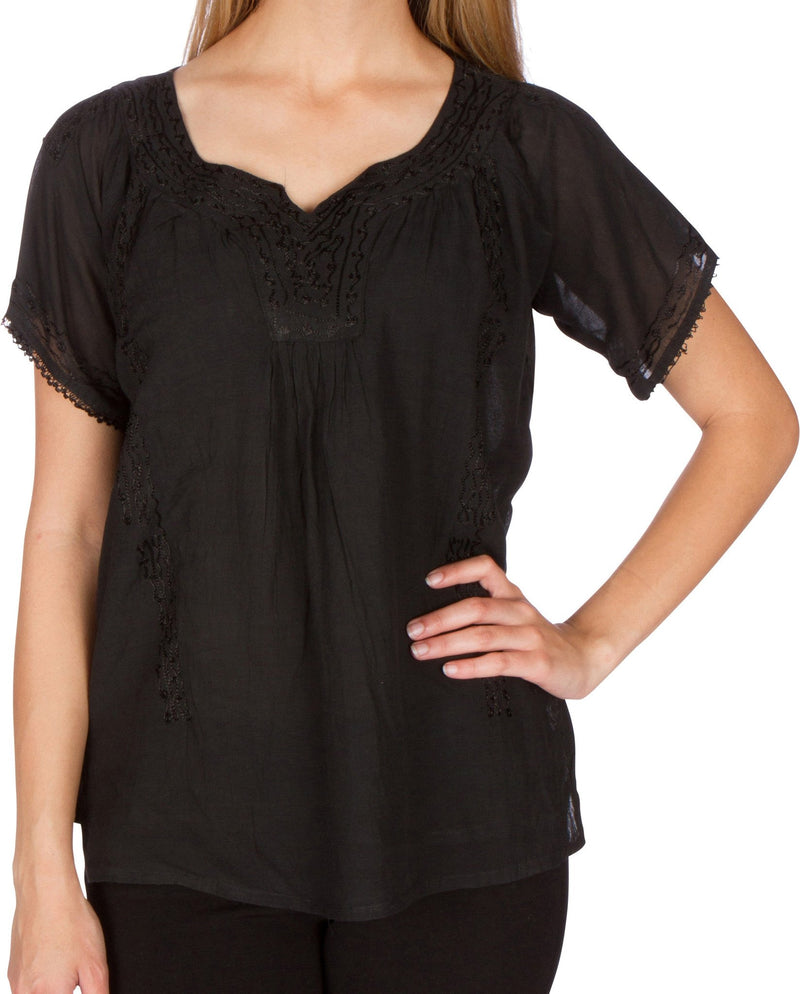 Sakkas Embroidered 100% Cotton Semi-Sheer Short Sleeve Gauzy Top / Blouse