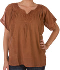 Sakkas Embroidered 100% Cotton Semi-Sheer Short Sleeve Gauzy Top / Blouse#color_Brown