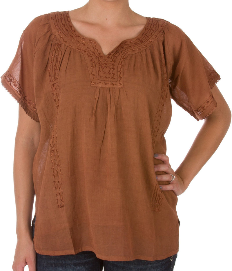 Sakkas Embroidered 100% Cotton Semi-Sheer Short Sleeve Gauzy Top / Blouse