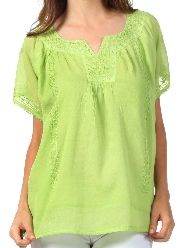 Sakkas Embroidered 100% Cotton Semi-Sheer Short Sleeve Gauzy Top / Blouse