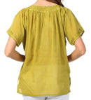 Sakkas Embroidered 100% Cotton Semi-Sheer Short Sleeve Gauzy Top / Blouse