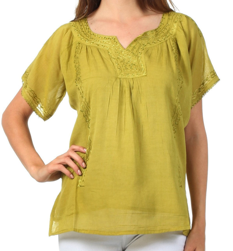 Sakkas Embroidered 100% Cotton Semi-Sheer Short Sleeve Gauzy Top / Blouse