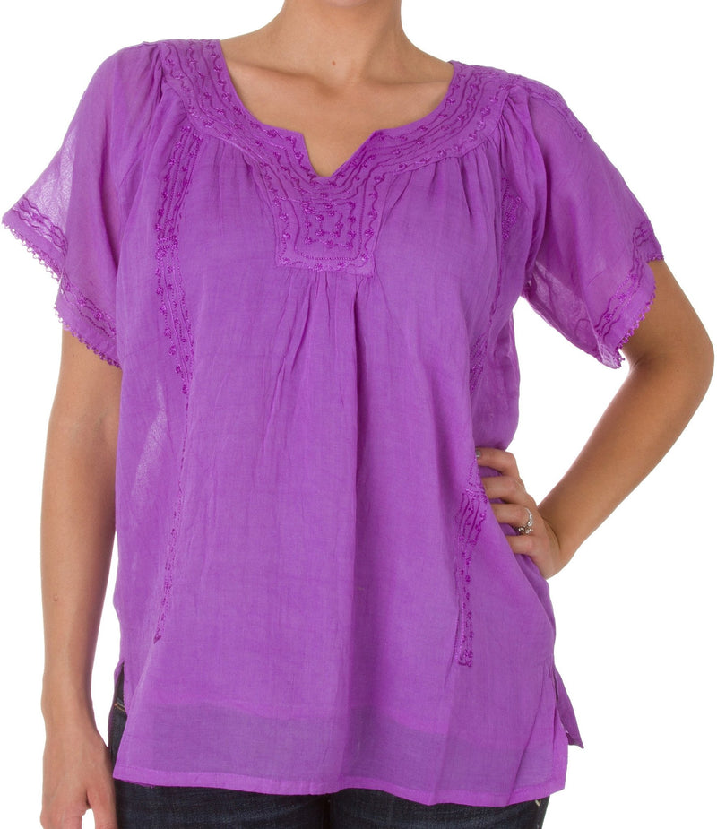 Sakkas Embroidered 100% Cotton Semi-Sheer Short Sleeve Gauzy Top / Blouse