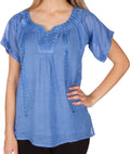 Sakkas Embroidered 100% Cotton Semi-Sheer Short Sleeve Gauzy Top / Blouse#color_SteelBlue