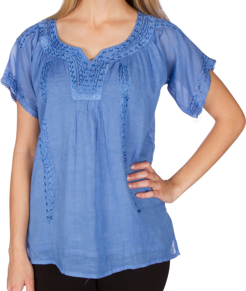 Sakkas Embroidered 100% Cotton Semi-Sheer Short Sleeve Gauzy Top / Blouse