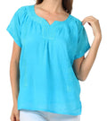 Sakkas Embroidered 100% Cotton Semi-Sheer Short Sleeve Gauzy Top / Blouse#color_Turquoise