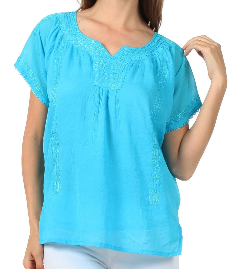 Sakkas Embroidered 100% Cotton Semi-Sheer Short Sleeve Gauzy Top / Blouse