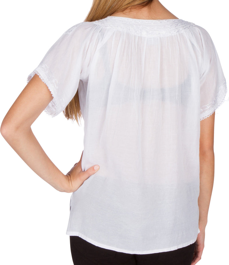 Sakkas Embroidered 100% Cotton Semi-Sheer Short Sleeve Gauzy Top / Blouse