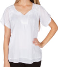 Sakkas Embroidered 100% Cotton Semi-Sheer Short Sleeve Gauzy Top / Blouse#color_White