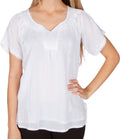 Sakkas Embroidered 100% Cotton Semi-Sheer Short Sleeve Gauzy Top / Blouse#color_White