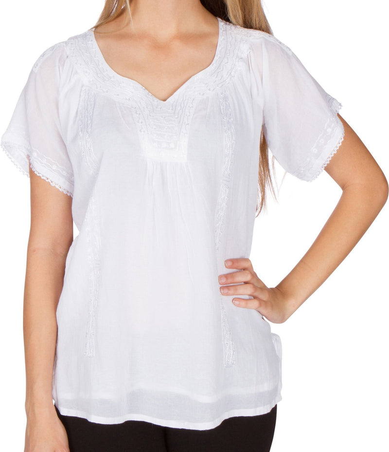 Sakkas Embroidered 100% Cotton Semi-Sheer Short Sleeve Gauzy Top / Blouse