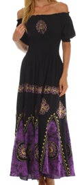 Sakkas Batik Sunshine Peasant Dress#color_Black/Purple