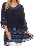 Sakkas Ketana Women's Embroidered Batik Gauzy Cotton Tunic Blouse#color_Navy / Sky Blue