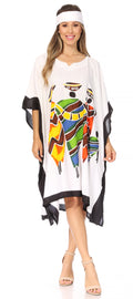 Sakkas Trina Women's Casual Loose Beach Poncho Caftan Dress Cover-up Many Print#color_KAF1022-White