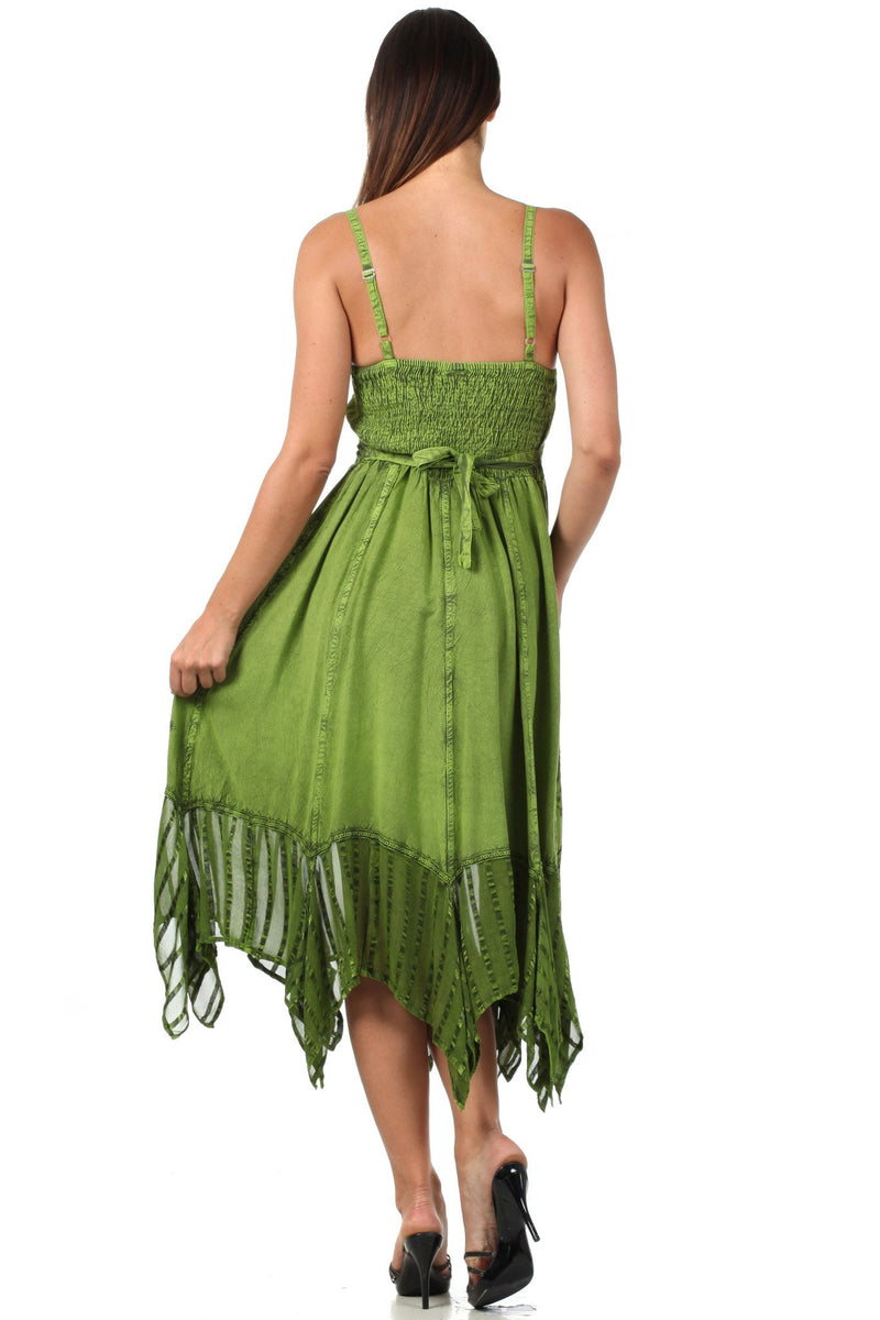 Sakkas Stonewashed Empire Waist Simple Floral Striped Crepe Handkerchief Hem Dress