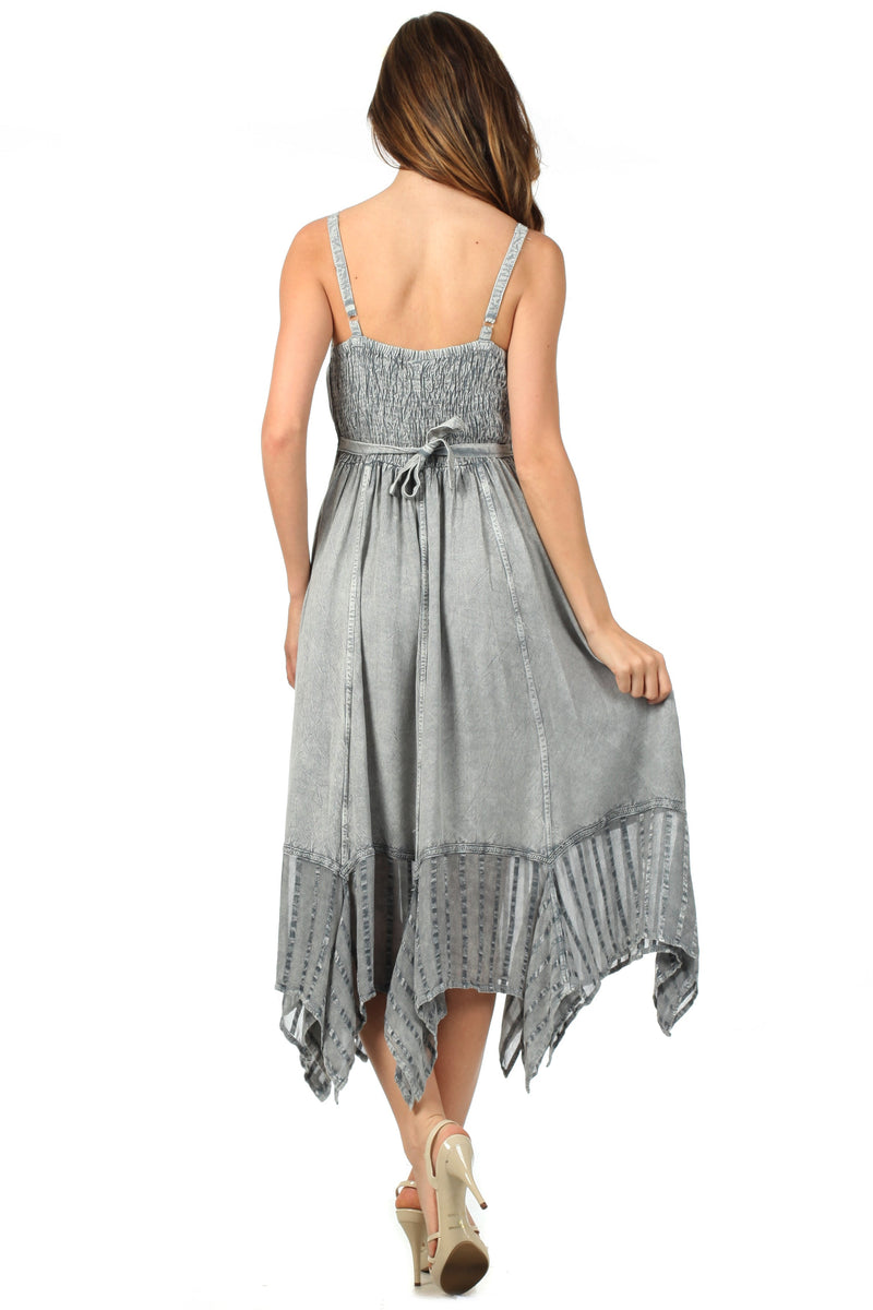 Sakkas Stonewashed Empire Waist Simple Floral Striped Crepe Handkerchief Hem Dress