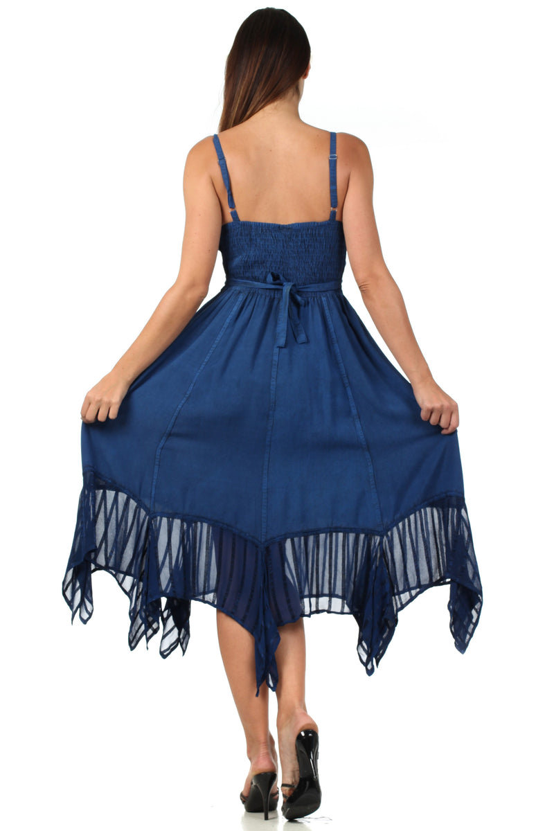 Sakkas Stonewashed Empire Waist Simple Floral Striped Crepe Handkerchief Hem Dress