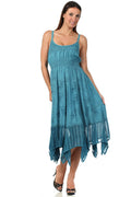 Sakkas Stonewashed Empire Waist Simple Floral Striped Crepe Handkerchief Hem Dress#color_Turquoise