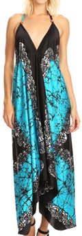 Sakkas Veins Print Satin V-Neck Halter Handkerchief Hem Dress#color_Turquoise