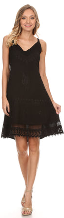 Sakkas Ameelynn Short Embroidered Batik Festival Sleeveless Spaghetti Strap Dress