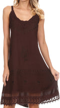 Sakkas Ameelynn Short Embroidered Batik Festival Sleeveless Spaghetti Strap Dress#color_Chocolate