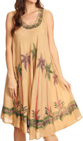 Sakkas Watercolor Palm Tree Tank Caftan Short Dress#color_Beige