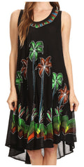 Sakkas Watercolor Palm Tree Tank Caftan Short Dress#color_Black