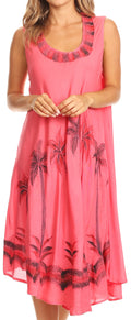 Sakkas Watercolor Palm Tree Tank Caftan Short Dress#color_Coral