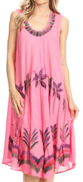 Sakkas Watercolor Palm Tree Tank Caftan Short Dress#color_Pink