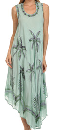 Sakkas Watercolor Palm Tree Tank Caftan Short Dress#color_Seafoam
