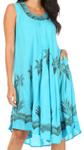 Sakkas Watercolor Palm Tree Tank Caftan Short Dress#color_Turquoise