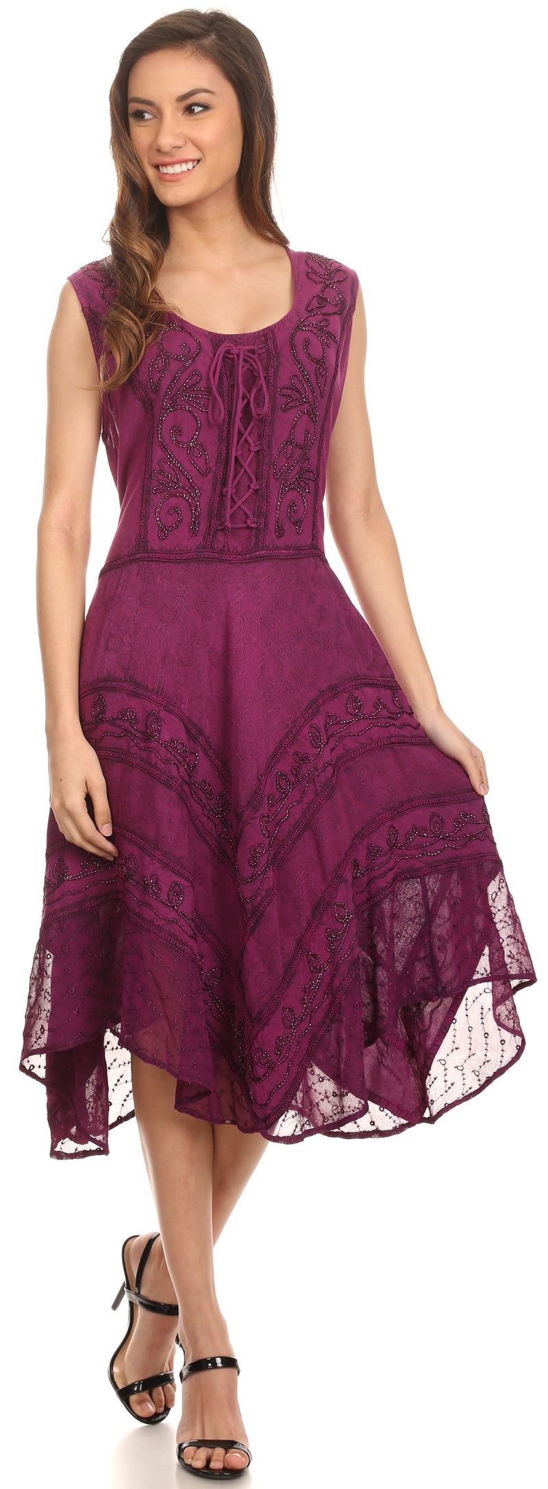 Sakkas Sundara Stonewashed Rayon Embroidered Mid Length Dress