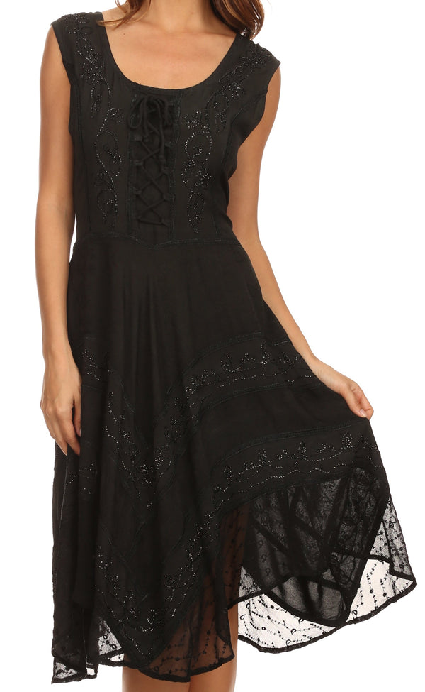 Sakkas Sundara Stonewashed Rayon Embroidered Mid Length Dress#color_Black