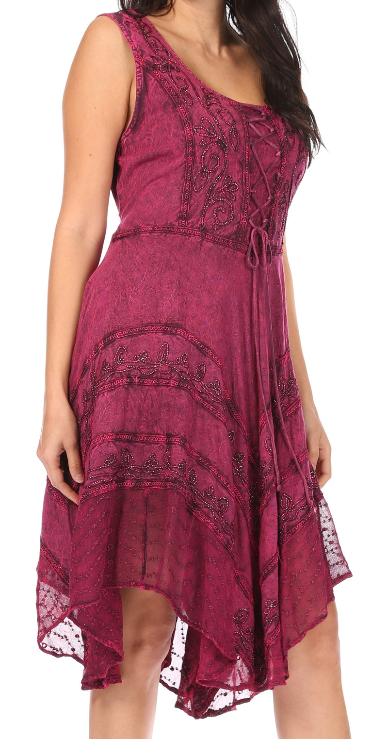 Sakkas Sundara Stonewashed Rayon Embroidered Mid Length Dress