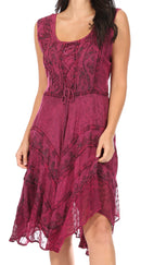 Sakkas Sundara Stonewashed Rayon Embroidered Mid Length Dress